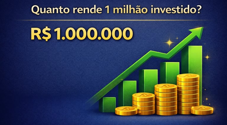 Gráfico de barras verde e moedas de ouro ilustrando quanto rende 1 milhão investido.