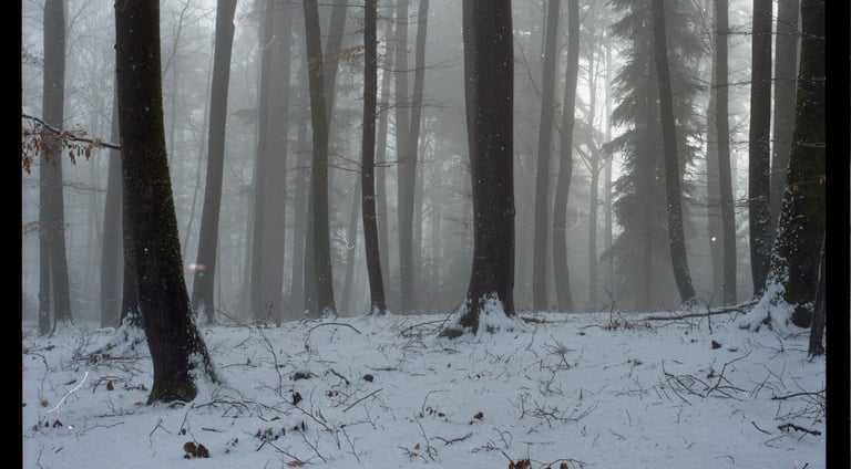 Eine neblige Winterwaldlandschaft mit hohen Bäumen und frischem, weissem Schnee auf dem Boden.