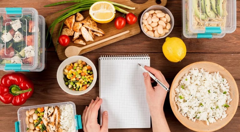 as mãos de uma pessoa segurando um caderno em uma mesa com frutas e fazendo anotações