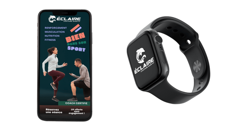 Site web de coach sportif sur mobile et la montre connectée affichant logo de fitness.