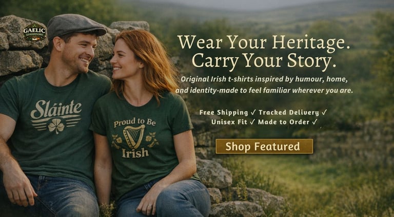 Couple wearing Irish heritage t-shirts featuring Sláinte and Proud to be Irish graphic designs.