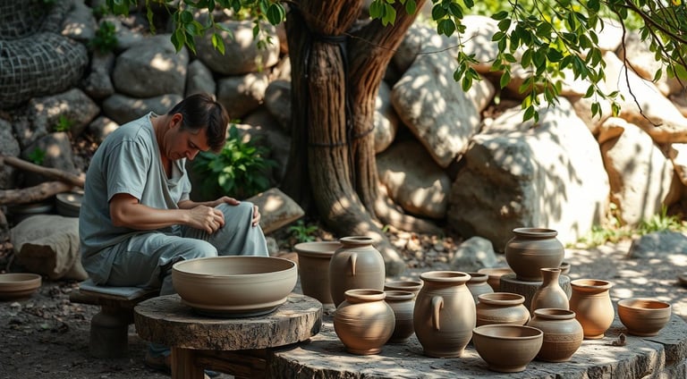 Pottery artist shaping wild clay on a wooden wheel,