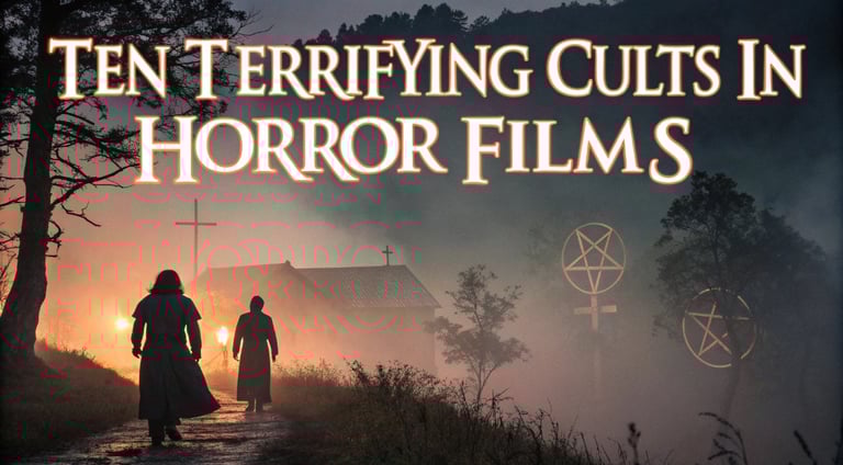 a couple of people walking down a path with a cross on the ground - Ten Terrifying Cults In Horror 