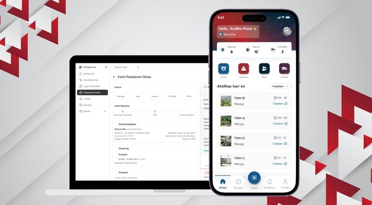 Tampilan dashboard dan aplikasi mobile Be Connect untuk Bridgestone.
