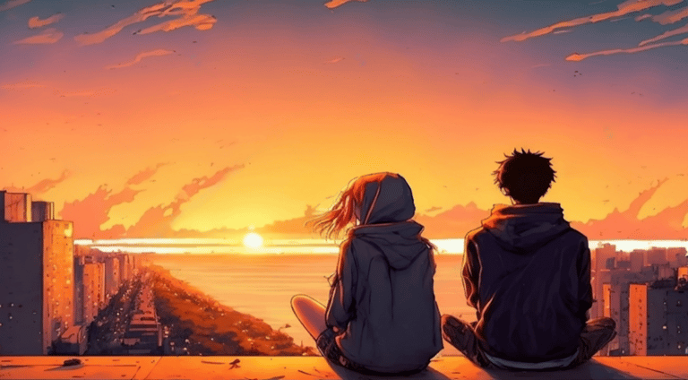Guy and girl sitting alone and watching sunset anime