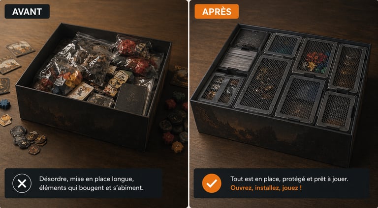 Avant après d’un rangement de jeu de société avec un insert 3D pour organiser et transporter le maté