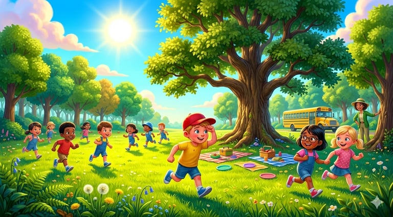 Diverse group of happy children running and playing in a sunny park near a yellow school bus and oak tree.