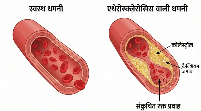 Medical illustration showing cross-section of healthy artery vs artery with plaque buildup.