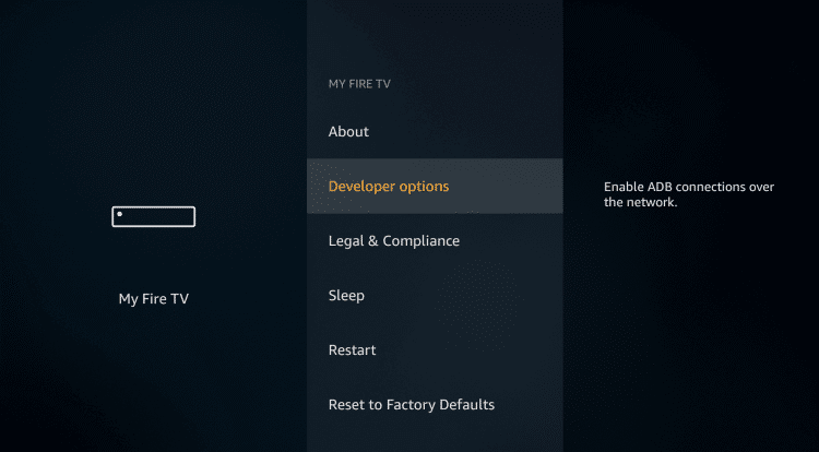 myfiretv  setting with developer options highlighted