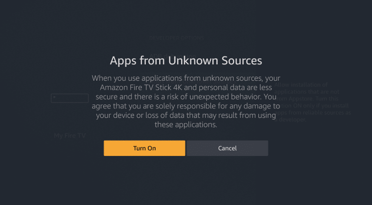 screenshot of myfire tv displays install apps fron unknown sources