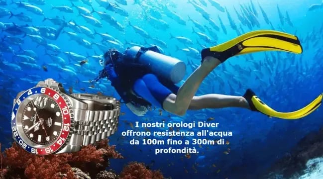 subacqueo ce nuota sottacqua e una immagine di un orologio diver con le scritte per la resistenza fino a 300 metri