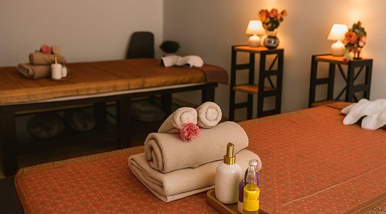 Massageraum bei Bai Pho Thai Massage in Zossen – zwei traditionelle Thaimassage-Liegen mit dekorativ