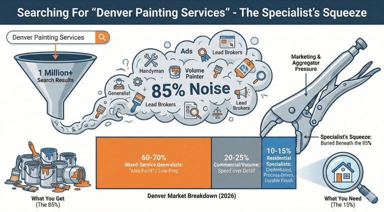 Infographic showing the Denver painting services market breakdown: 60-70% generalists, 20-25% commer