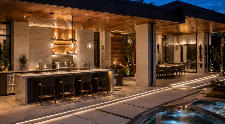 Luxury modern outdoor kitchen and patio at night with marble island and elegant lighting.