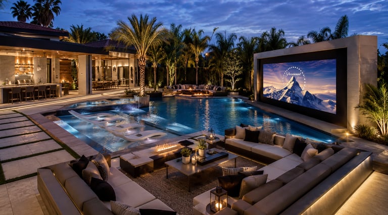 Luxury backyard pool with a large outdoor cinema screen and sunken lounge seating area.