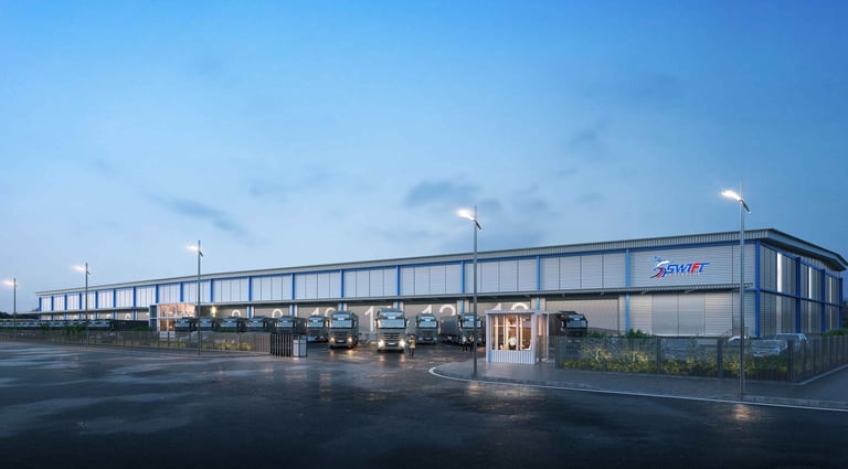 Visualisation of Port Klang industrial storage with transport trucks infront