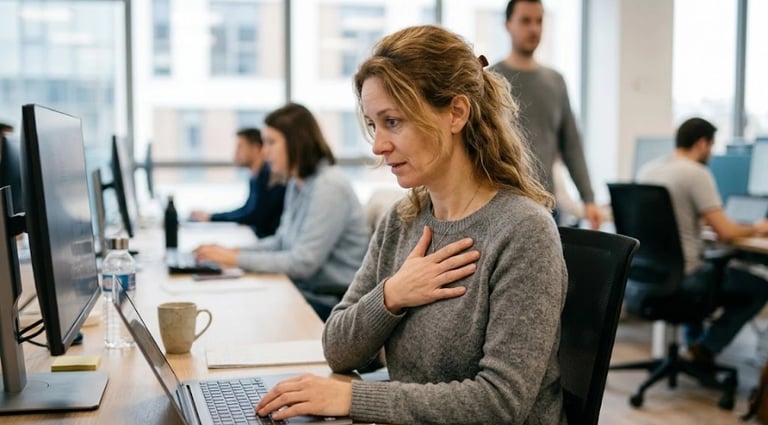 Woman at work pausing with her hand on her chest — experiencing an invisible somatic perimenopause symptom 