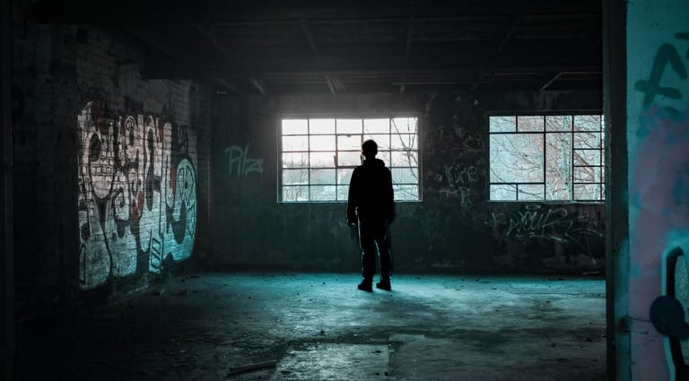 a person standing in a room with graffiti on the walls