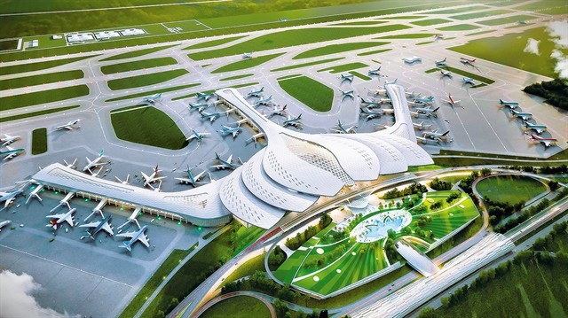 Aerial architectural render of the new Long Thanh International Airport in Vietnam featuring its ico