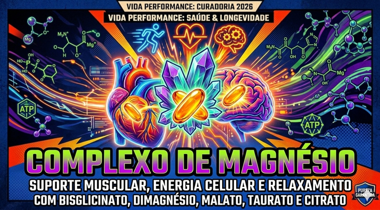 Infográfico Complexo de Magnésio: energia celular, suporte muscular e cerebral. Vida Performance