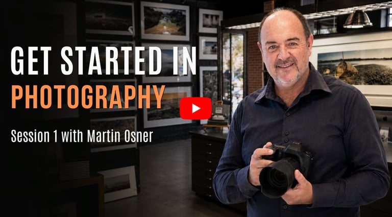 YouTube thumbnail with Martin Osner holding a camera, the text reads get started in photography.