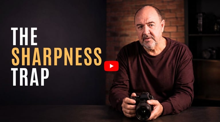 Youtube thumbnail showing Martin Osner holding and camera with text saying the sharpness trap
