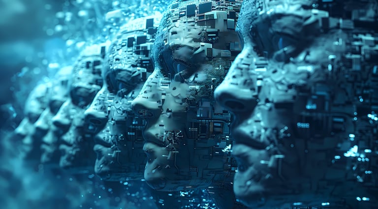 Mirrored human faces representing recurring patterns of existence.