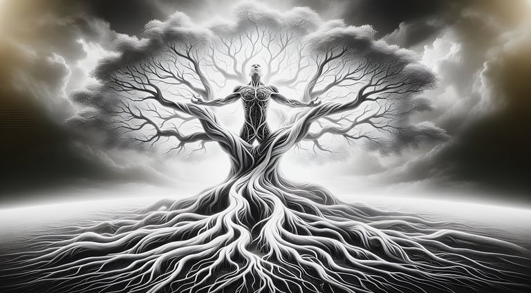 life emerging from darkness, symbolising awareness arising from emptiness and branching into matter 