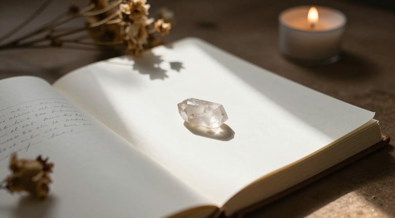 Open journal with crystal on page in thin beam of morning sunlight with dried flowers and candle