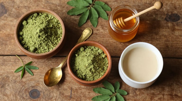 Moringa powder with traditional Ayurvedic preparation ingredients ghee honey warm milk