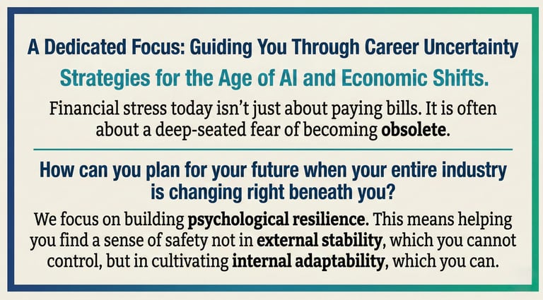 Text graphic about career uncertainty strategies, psychological resilience, and internal adaptability in the age of AI.