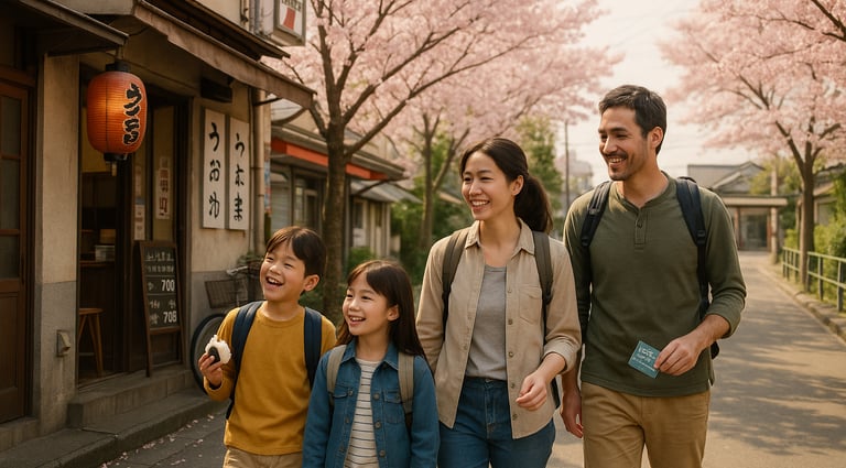 Family walking under cherry blossoms on a quiet Japanese street, stopping by a 7-Eleven with backpacks and JR Pass, capturing