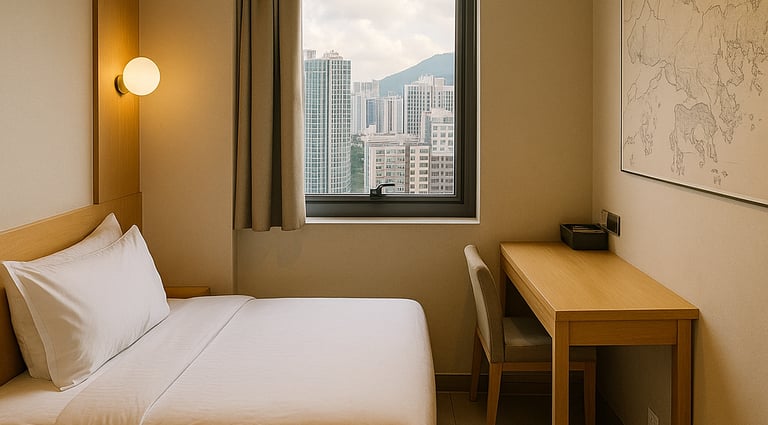 Compact budget hotel room in Hong Kong with a double bed, wooden desk, city view through the window, and a map of Hong Kong o