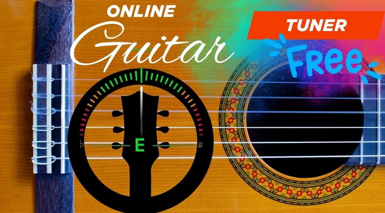 A digital interface for a free online guitar tuner showing the note E over an acoustic guitar body.