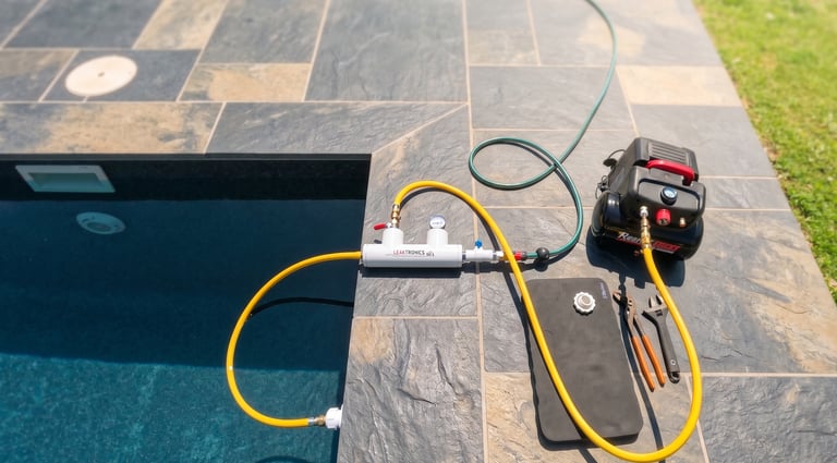 Professional swimming pool leak detection equipment and air compressor on a stone patio poolside.