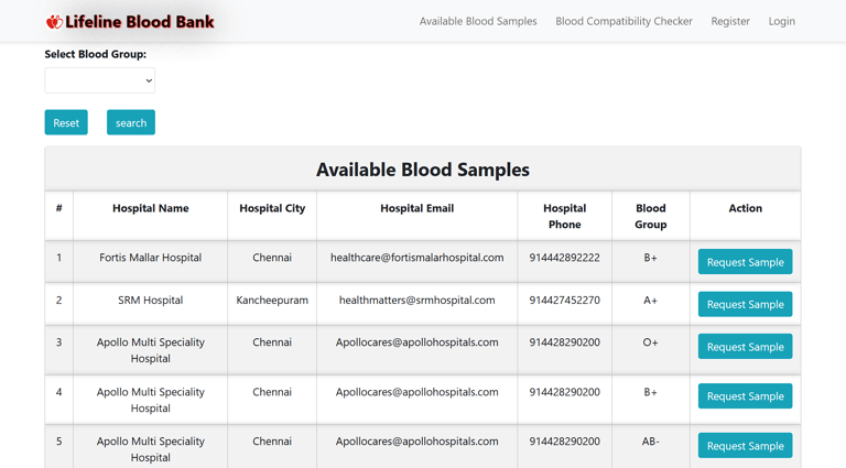 Blood Bank Management System - Available Blood Samples Page