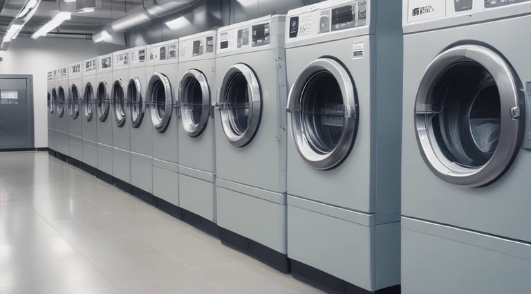 A modern washing machine in a bright laundry room.