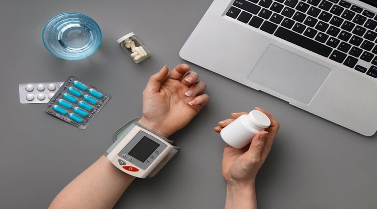 Blood pressure monitor, medicines, and laptop