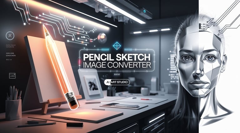 Modern AI-powered pencil sketch converter with glowing pencil and digital art workspace, ideal for creative designers and art