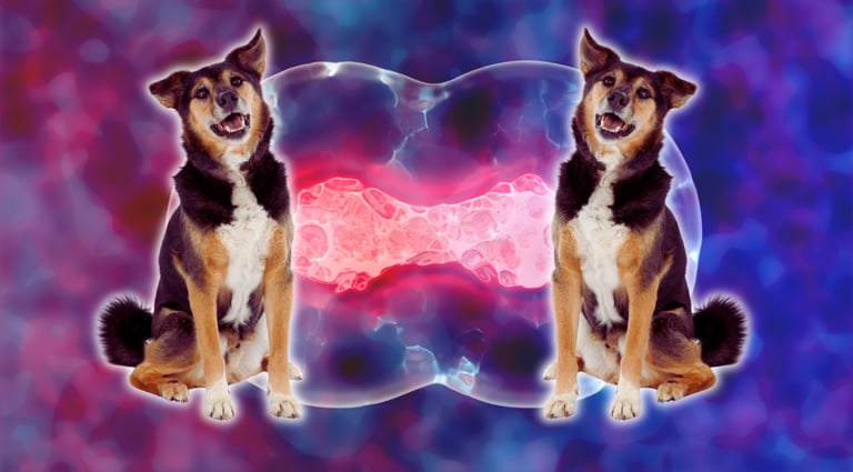 Visual illustration of two similar-looking dogs with a molecule undergoing mitosis in the background