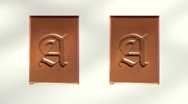 Two rectangles of chocolate rectangles featuring an embossed gothic letter A on a white background.