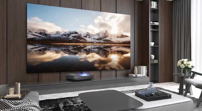 Hisense Ultra Short Throw Laser TV installation with a 120-inch ambient light rejection ALR screen.