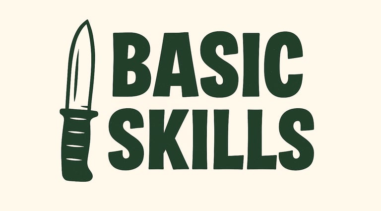 Basic Survival Skills section banner with knife icon — fundamental wilderness skills, bushcraft basics, prepping knowledge