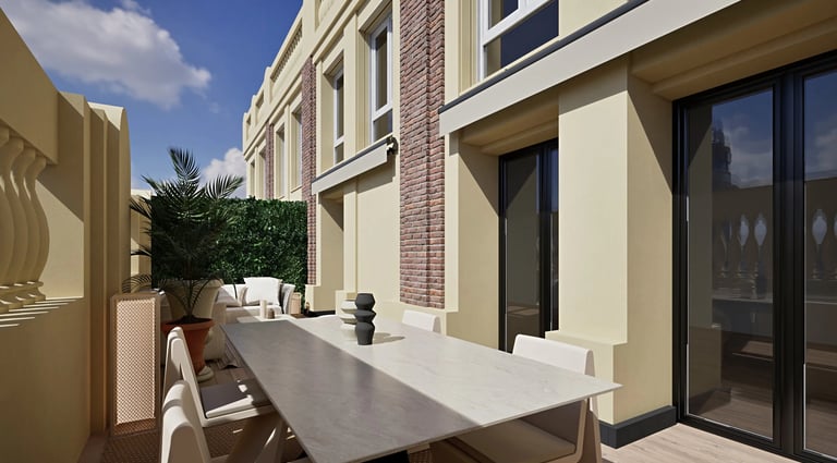 Render 3D de mesa exterior junto a balaustrada clásica y jardineras