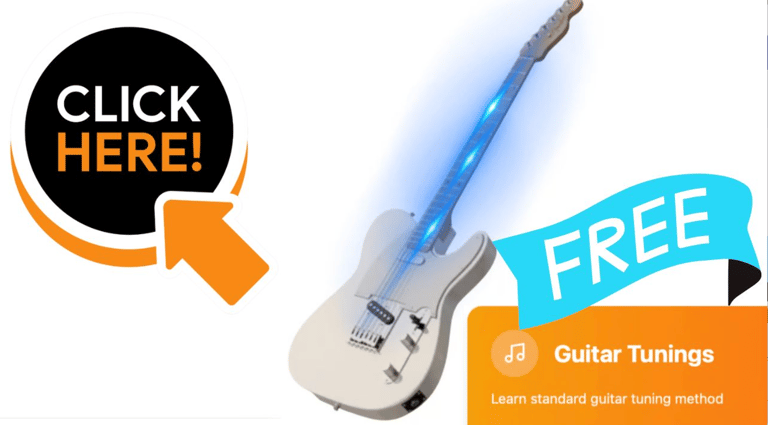 A white electric guitar with blue glowing strings and an invitation to learn free guitar tunings.