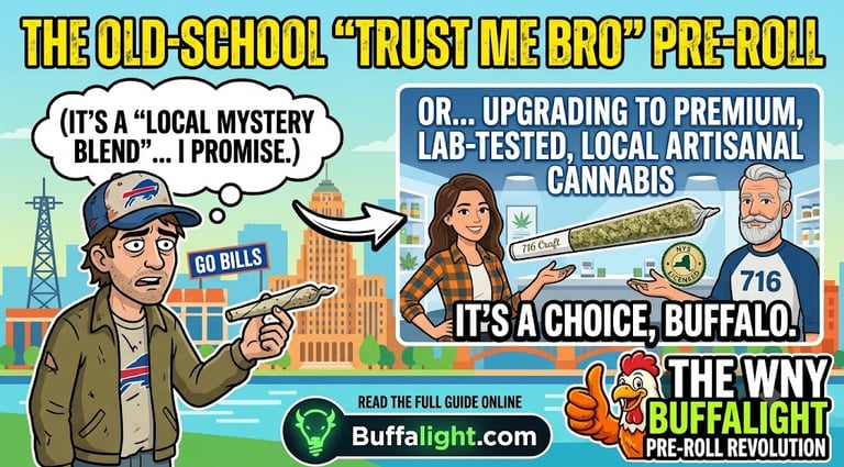 Cartoon comparing old school mystery pre-rolls to premium lab-tested local cannabis in Buffalo NY.