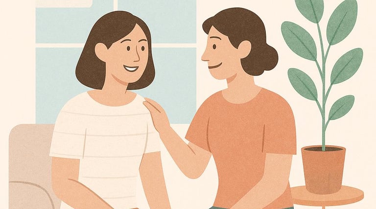 a woman sitting on a couch talking to a friend