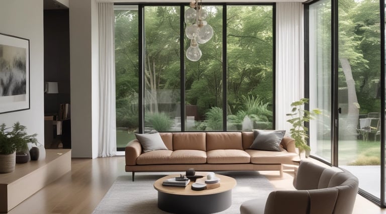 Before and after images of a renovated space blending greenery and warm colors.