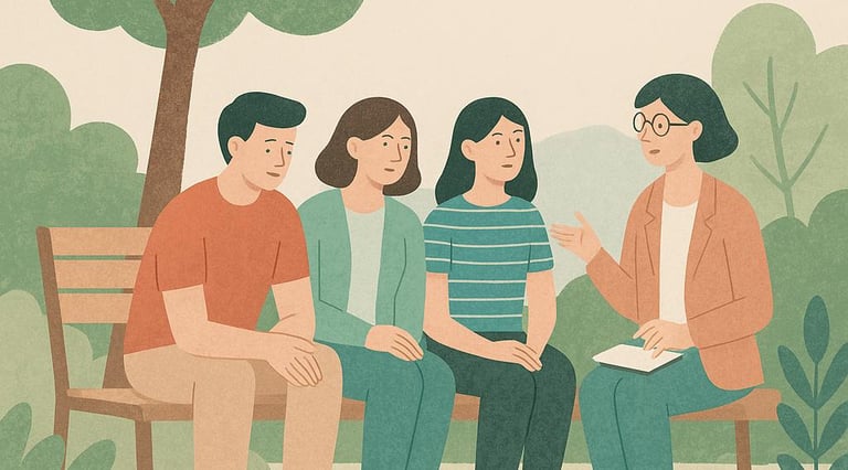 a woman with a family sitting on a bench in a park