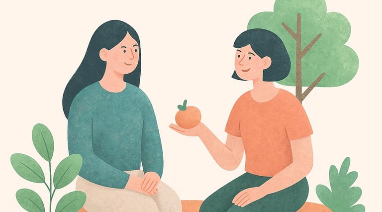a woman sitting on a bench with a woman offering a fruit